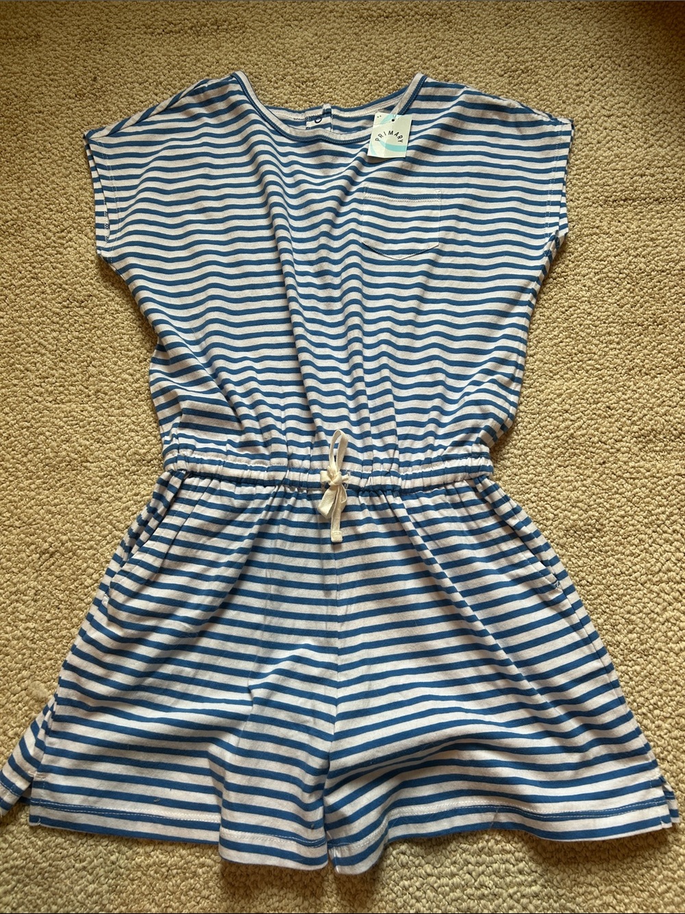 NEW Primary Blue & White Striped Drawstring Kids Romper